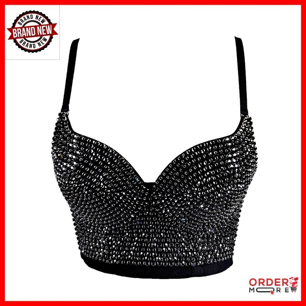 Mesh Corset Bustier Crop Top Rhinestone Push Up Y2K Club Party Wear